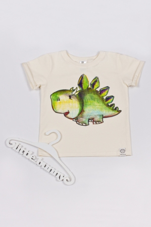 Купить трикотажную детскую футболку молочного цвета с динозавром